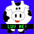 A 48x48 pixel animated buddy icon featuring a cartoon cow with black spots, red mouth, and blue background, displayed in two frames showing text color variation.