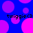 Blue background with scattered pink and purple circles; four instances of "twiggie<3" text in black pixelated font.