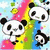 Pixelated image of four panda faces arranged around a central rainbow gradient, with scattered colored squares in the background.