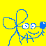 Blue pixelated character with large eyes and bow tie on yellow background, showing two sequential poses with slight head and eye movement.