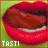 Pixelated lips with tongue in motion, green background, text 'TASTI' and red 'R' visible.