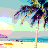 Pixelated beach scene with palm tree, ocean, and sunset sky, featuring orange text reading 'PARADISE' with heart symbols on sand.