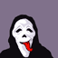 Six pixelated frames of a white mask with black hooded clothing against purple background, each showing different mouth and eye expressions.