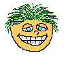 Pixelated cartoon face with green spiky hair, blue eyes, and a yellow-orange skin tone, showing multiple expressions including smiling with teeth, tongue out, and closed eyes.