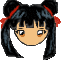 Pixel art character with black pigtails tied by red ribbons, tan skin, and changing facial expressions including closed eyes, open mouth, and varied eye shapes.