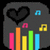 Pixelated icon with dark gray rounded background featuring a black heart outline, blue and yellow musical notes, and colorful vertical bars.