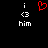 A black background displays two identical white text blocks with 'i', '<3', and 'him' stacked vertically, each flanked by a red pixelated heart symbol above the left block.