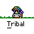 Pixel art character with rainbow headdress and blue flower, standing on green grass against gray background; text "Tribal" below each instance.