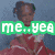 Four pixelated show a person in red, a dog, a person with windblown hair, and a blank space with text overlays reading "me..yea," "you..no," and "get it."