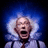 Pixelated image of a person with white hair and open mouth against blue background, with blue text 'how einstein got his 'do' on black and gray