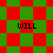 Green and red checkered background with four instances of the word 'WILL' in black pixelated text, transitioning from square to diamond pattern.