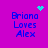 Purple background with blue text 'Briana Loves Alex' and four distinct cyan pixel animations: a heart, starburst, circle of dots, and another starburst.