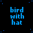 Blue pixelated text 'bird with hat' repeated in a on a black background with scattered blue dots, with a gray rectangle in the bottom-right corner