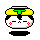 Pixelated character with yellow headpiece, green top, white face, red cheeks, and black hair in various expressions