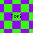 Green and purple checkered background with four instances of the text 'Tori' in black pixelated font, arranged across different patterns