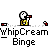 Animated contact sheet showing six frames of a pixel art character with white head and yellow body holding red object, repeating text "WhipCream" and "Binge" on gray background.