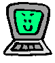 Four identical cartoon laptops with gray bodies, white keyboards, and green screens displaying a smiling face with raised eyebrows.