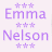 Purple text displays 'Emma Nelson' with three asterisks above and below, alongside the words 'serious' and 'silly', paired with two photographic portraits of a person.
