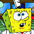 Static pixelated image of a yellow cartoon sponge character with blue eyes, green seaweed-like appendage on left side, and red mouth detail against blurred background.