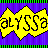 Pixelated text 'alyssa' on yellow and pink bow shapes against purple striped background with green borders.