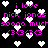Pixelated text and heart symbols in bright pink on black background, with repeated phrases and scattered white hearts.