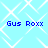 Light blue background with white diamond-shaped pattern and four instances of blue pixelated text reading "Gus Roxx"