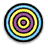 A static circular icon with concentric rings of alternating colors forming a spiral pattern, featuring black outer edges and multiple color bands including blue, yellow, purple, and brown on a white background.