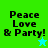 Four display "Peace Love & Party!" text with star symbols; two have green backgrounds, two have cyan backgrounds