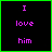 Animated contact sheet of a 5x5 grid showing sequential frames of a pixelated text-based buddy icon with purple text on black background, displaying phrases "I love him" and "but he doesn't know yet" across different states.