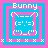 Pixel art bunny face with blue and pink borders, white text 'Bunny' above, smiling expression in four variations showing ear and eye changes.