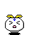 Pixelated cartoon character with yellow horns and blue gem, showing multiple expressions including open mouth, frown, and steam from head against gray background.