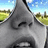 Pixelated grayscale image of a large animal's head with closed eyes, set against a blue sky and green landscape background.