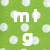 Green background with scattered light gray circles and white lowercase letters 'm', 't', 'g' arranged in a grid pattern.