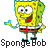 Pixelated yellow cartoon character with green accents, white shirt, brown shorts, red tie, and black shoes stands against gray background; text below reads "SpongeBob" in blocky font.