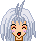 Pixel art character with silver hair and brown neck, showing six distinct facial expressions across a