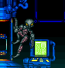Pixel art of a gray alien with yellow eyes clinging to a blue pole, next to a glowing green computer screen in a dark room.