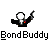 Pixelated static buddy icon featuring a white-headed figure in black suit with red and purple accents, arms raised against gray background, below which is bold pixelated text reading "BondBuddy".