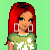 Pixel art contact sheet showing a female character with red hair in multiple frames, including full-body and partial views, alongside text elements on a green background.