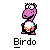 Pixel art of a pink dinosaur-like character with white eyes and black pupils, wearing an orange-and-white patterned belly patch, standing against gray background.