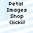 Pixelated text 'Petal Images Shop Clickii!' on light blue background with white diagonal stripes and faint white dots.