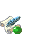 Pixelated icon of a scroll with handwritten text, blue feather quill, and green inkwell on gray background.