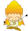 Pixelated character with spiky orange hair, closed eyes, and a smiling expression, wearing a white shirt with a D, yellow cape, and brown boots, holding a bow with black arrowheads.