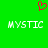 Green background with red pixelated heart symbol above two white 'MYSTIC' text blocks in blocky font.