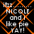Pixelated text reads 'itz... NICOLE and i like pie YAY!' over orange diamond lattice on black background, with visible animation changes between frames.