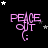Animated icon with pink 'PEACE OUT' text and a musical note, surrounded by white and gray stars on a black background.