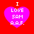 Four identical pixelated heart icons with white text on a red background, each displaying 'I LOVE SAM A.A.F.' in blocky font.