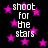 Black background with scattered pink stars and repeated white text 'shoot for the stars' in pixelated font.