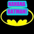 Two side-by-side Batman-themed icons with yellow bat symbols on black backgrounds, each featuring cyan text boxes with pink pixelated text.