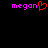 Pixelated text 'megan' in purple with a red heart symbol replacing the 'o' on the left, and plain purple 'megan' text on the right against a black background.