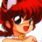 Pixelated anime-style character with red hair and large eyes, wearing a yellow choker, next to black background with white text.
